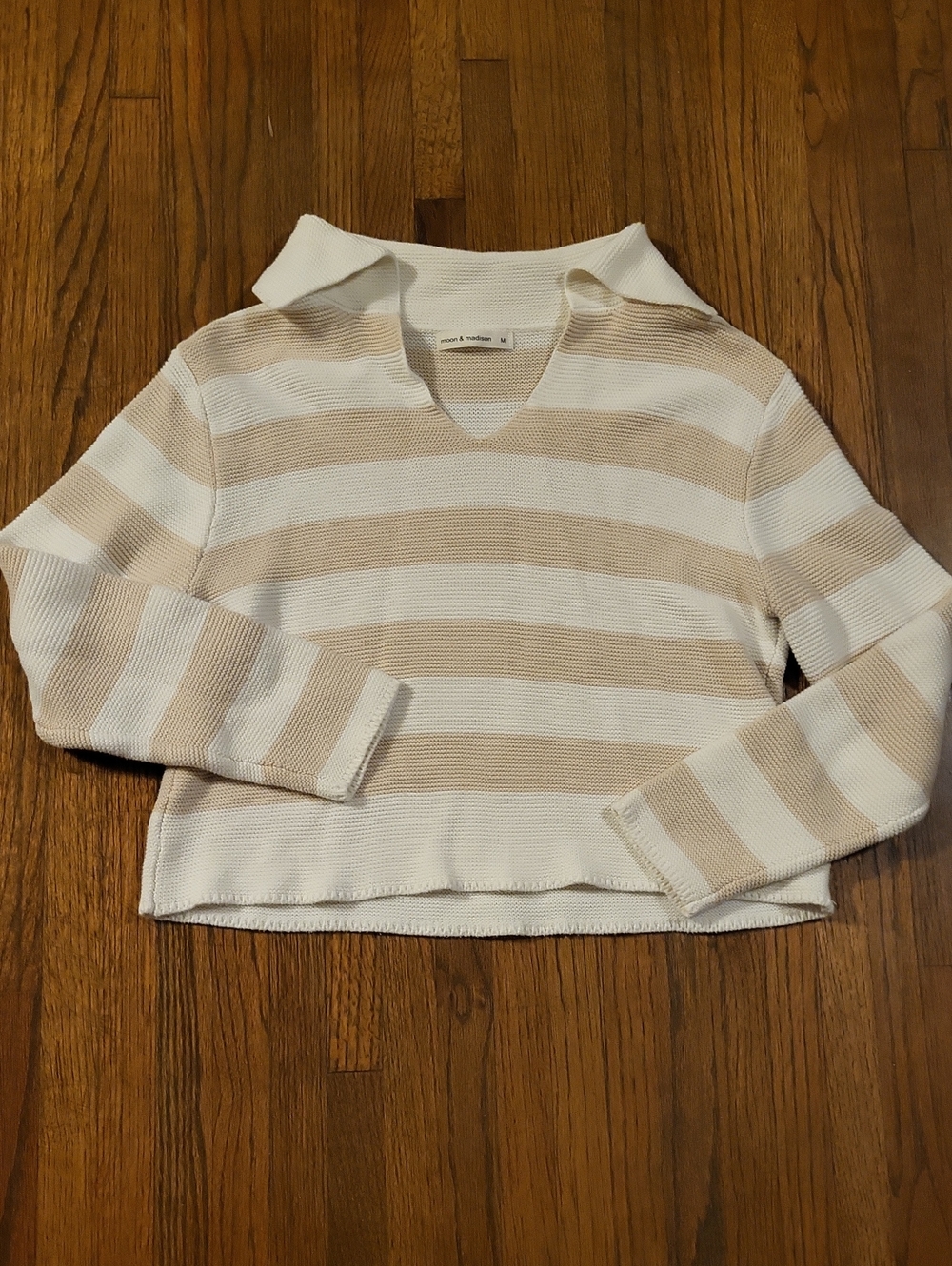 moon & madison Striped Collared V-Neck Sweater - Cream & Tan